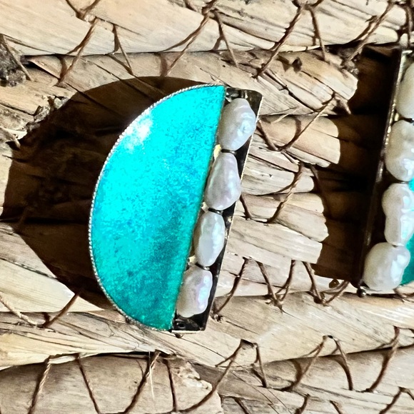 Green Enamel Rice Pearl, 925 Semicircle Earrings - Picture 3 of 5